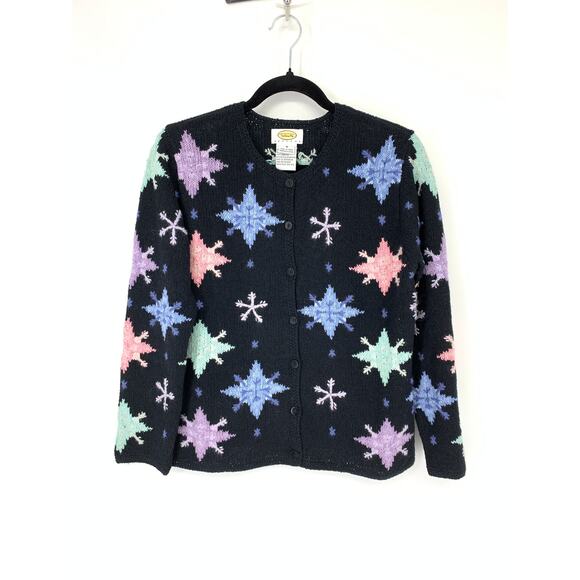 Talbots Petites Size MP Snowflake Print Button Front Cardigan Sweater Black Pink - Picture 1 of 5